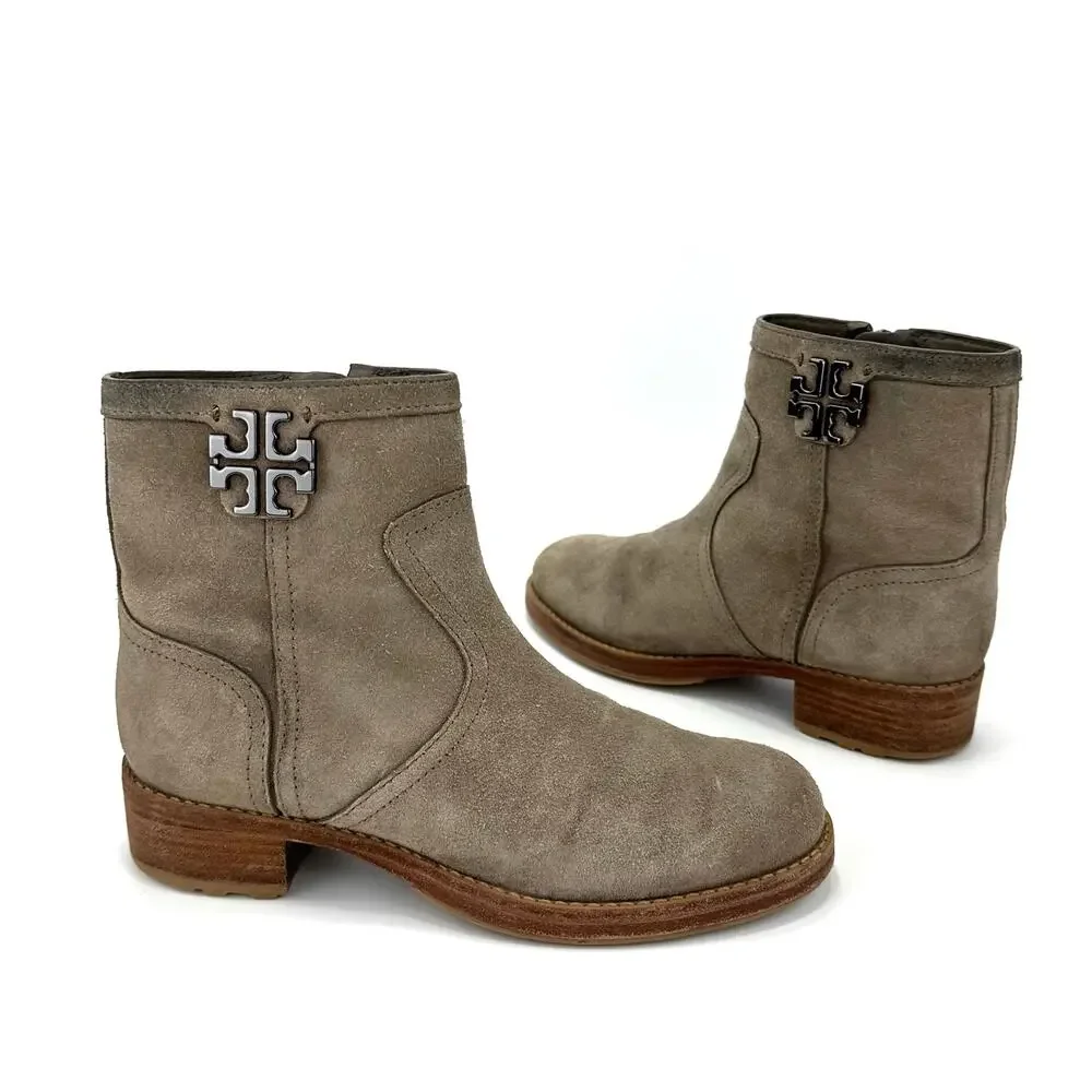 Tory Burch Eloise Women Tan Flat Bootie Sz 7M Suede Leather Low Heel Ankle Boot